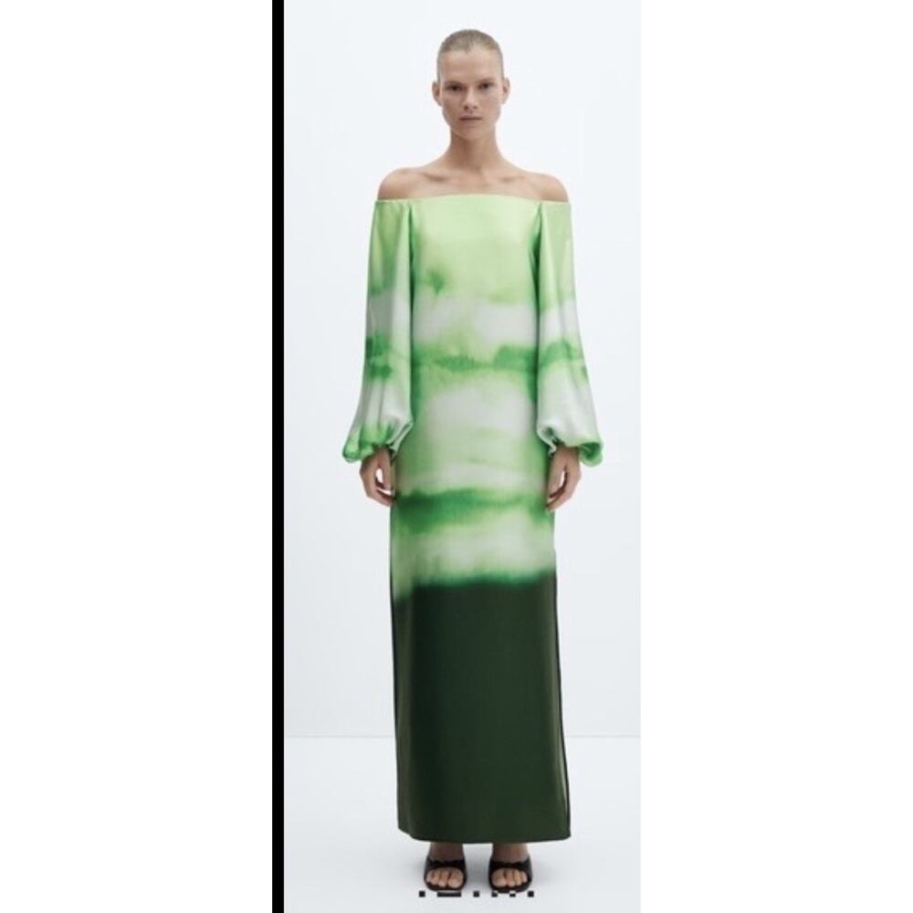 Mango Ombre Green Off Shoulder Maxi Dress Long Sleeve Chiffon Size S